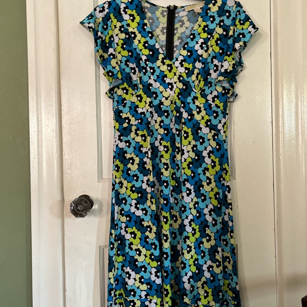Michael Kors Blue and Green Floral Midi Dress